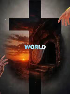 The cover image has a split composition with a sunset scene on the left and a depiction of an open tomb with a cross superimposed on the right. The word 'WORLD' appears in the center. The overall image uses a dark, dramatic color palette with contrasting light.
