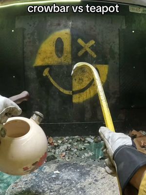 The image shows a person holding a crowbar and a teapot, set against a surface that has been damaged. The background features a graphic stylized like a smashed smiley face divided into two halves. Above, text reads 'crowbar vs teapot'.