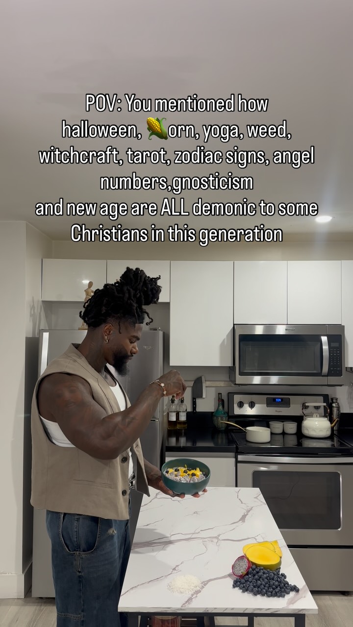 A man in a kitchen setting. He's holding a bowl in his right hand, likely preparing a meal. Counter is made or white marble. The background includes kitchen cabinets and appliances like a microwave and oven. Text overlay is present with a message about different topics.