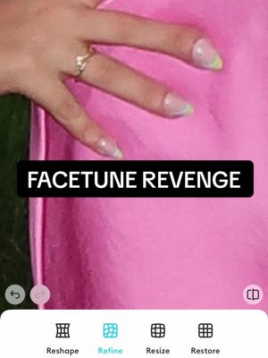 The cover image is a close-up of a hand with long, well-manicured nails. The nails have a clear base and neon yellow tips. A gold ring is visible on one finger. The hand is positioned in front of a hot pink background. A black banner overlays the image at the bottom reading "FACETUNE REVENGE."