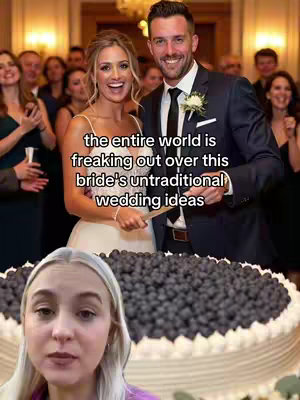 The cover image shows a woman speaking to the camera at the bottom of the screen, while a wedding scene is the top. The wedding scene shows a couple cutting a cake with an abundant amount of blueberries instead of frosting. The couple seems happy and is surrounded by a crowd of wedding guests in the background.