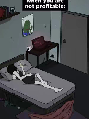 An animated illustration depicts a dimly lit room. A woman is lying on a bed, using her phone. Beside the bed is a desk with a laptop displaying what appears to be a stock chart, and a mug. A poster with a cartoon frog hangs on the wall. The overall tone is one of financial struggle.