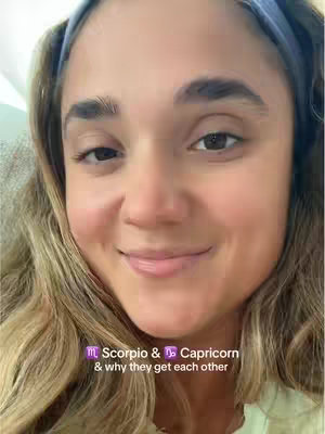 A close-up shot of a woman smiling at the camera. Text overlayed on the image reveals astrology related to relationships.