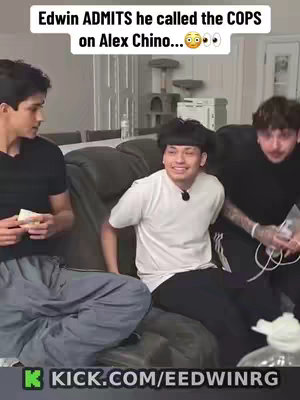 The cover image shows three young men sitting on a gray couch in a living room setting. The central individual, appearing to be the focus, is smiling brightly. The text overlay reads, 'Edwin ADMITS he called the COPS on Alex Chino…😳👀.' A logo and website address are visible at the bottom.