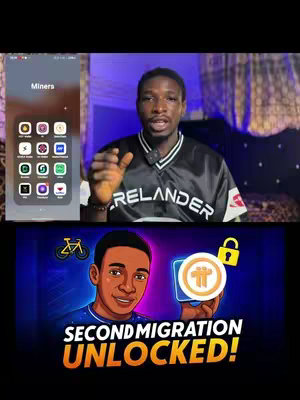 The cover image shows a split composition. The top half displays a screen recording of a smartphone app, with icons of various apps. To the right, a man is speaking, appearing to be the content creator, with a black top with some writings. Below, in a separate panel, is an illustration of a person next to a phone holding a Pi coin graphic, with the text 'SECOND MIGRATION UNLOCKED!' in a vibrant design.
