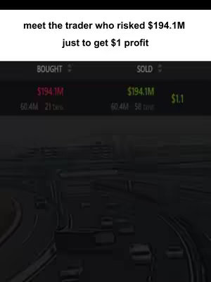 The image shows a screenshot of a trading platform interface overlaid on a blurred background of a highway. Text at the top reads a headline about a trader risking a large amount of money for a small profit. Key metrics are displayed on the screen, showcasing values for 'bought', 'sold', and profit.