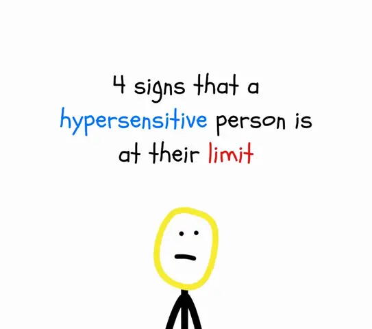 The image features white background with hand drawn text in various colors. The main text presents the topic of the video. Under the text, a stick figure with a yellow head and black body is looking downwards with straight line mouth, expressing a state of being at a limit, possibly from being hypersensitive.
