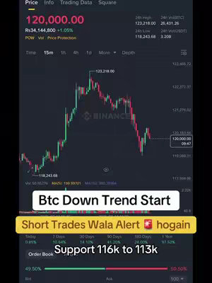 The cover image is a screenshot of a real-time cryptocurrency trading chart on the Binance exchange platform, with a background of a green and red line graph that illustrates the fluctuating price of Bitcoin. The top left of the image displays the price of Bitcoin, at "120,000.00" along with other market data for the chart. The lower half of the image contains text overlays with analysis: "Btc Down Trend Start" and "Support 116k to 113k". The overall layout is vertical and includes several data points and text for analysis of the Bitcoin price.