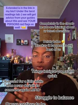 A woman with glasses is centered in the frame, with text bubbles and captions overlaid. She is in a room with purple walls adorned with artwork. The lighting is soft, and the overall composition suggests a personal, reflective tone.