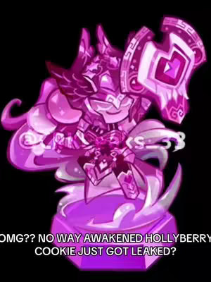 The image showcases a character from the Cookie Run franchise, specifically the awakened form of Hollyberry Cookie. The character is depicted in a stylized, semi-realistic art style with a predominantly pink and white color palette. The character is standing on a crystalline base, and wears ornate armor. The background is solid black, making the character the focal point. Text overlays indicate some hype around the character, and an in-game reveal.