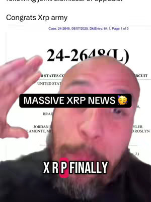 The cover image shows a man looking at the camera in a close-up shot with text overlayed. The background shows a legal document. The overlay text indicates breaking news about XRP.
