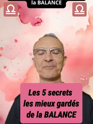 A man with glasses and a black shirt is centered with a pink rectangular box beneath his face. The background features an abstract watercolor design in shades of pink and a black bar above the man. Two libra symbols are placed symmetrical;y on each top side of the image.