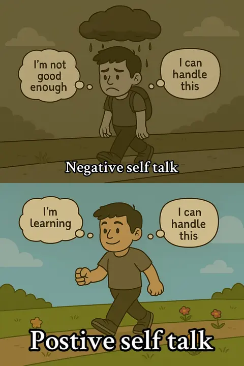 The image is a two-panel illustration comparing negative and positive self-talk. The top panel shows a sad, animated boy walking under a dark rain cloud, with a thought bubble stating 'I'm not good enough'. The bottom panel illustrates a smiling boy walking on a sunny path, with a thought bubble saying 'I can handle this'.