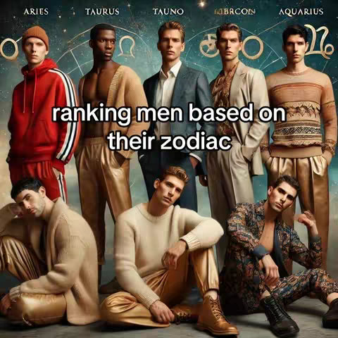 The image showcases a group of eight diverse men posed in various outfits, arranged against a backdrop that appears to be a celestial-themed design with zodiac symbols. The men are styled with various clothing, the central graphic element is the text overlay that states 'ranking men based on their zodiac'. The color palette is rich, using a balance of warm and cool tones. The layout is designed to attract attention and create depth