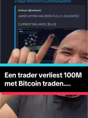 The image shows a man pointing at a phone screen displaying a notification. The overlay text indicates a trader losing a significant amount of money in Bitcoin trading. The creator's face also appears in the image.