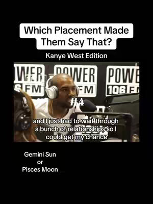 The image features Kanye West in a studio setting. Text overlays ask a question about astrological placements. The background shows radio station branding.