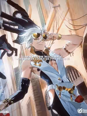 An anime-style male character with white hair and sunglasses stands confidently. Text overlays suggest a gaming context.