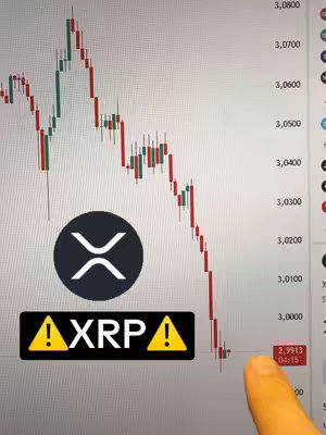 The cover image shows a screen displaying a financial chart tracking the price of XRP. The XRP logo and a warning sign overlay the chart, and a finger points to the current price.