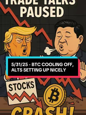 Cartoon illustration with two figures, Donald Trump and Xi Jinping, positioned with a red downward arrow between them suggesting a financial downturn. Below them, a sign reads 'STOCKS CRASH!' with a Bitcoin graphic.  A text overlay provides market updates.