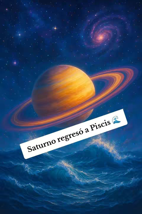 The image is a digital artwork depicting Saturn, the planet with rings, set against a cosmic backdrop. The top portion features a starry night sky with a swirling galaxy. Beneath, there are stylized blue waves. A central, bright golden Saturn is the image's focal point, appearing above the water. A rectangular, white text overlay with rounded edges is positioned across the bottom, bearing the words "Saturno regresó a Piscis" in bold lettering.