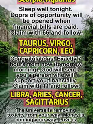 The cover image features text overlaid on a background photo of a scenic landscape with mountains and water. The text is divided into sections, each in a different colored rectangular box, listing different zodiac signs and their associated affirmations or predictions.