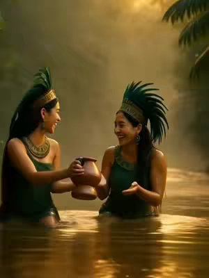Two young women are standing in a body of water, smiling at each other. They are dressed in dark green clothing and headdresses with large, dark green feathers. One woman is holding a brown, ceramic pot and appears to be offering it to the other. The water is a murky, golden color, and the background is blurred, suggesting a natural environment. The overall lighting is soft and warm.