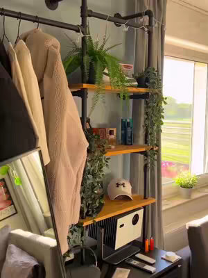 The image captures a cozy room with a focus on a decorative pipe shelf filled with plants, books, and a hat. Hanging clothes and a mirror partially obscure the view. The color palette is warm, with natural light creating a bright and inviting atmosphere.