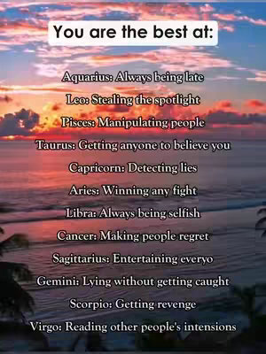 The image shows a colorful sunset over the ocean. Overlayed on it are text entries in a list, each associated with a zodiac sign and a humorous 'best at' description.