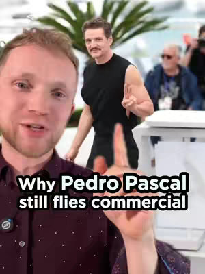 A man in a burgundy shirt is holding a finger up, with text that reads "Why Pedro Pascal still flies commercial". In the background is Pedro Pascal. 