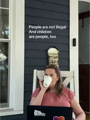 A woman sits on a white chair on a porch, sipping from a white mug. She is facing the camera, with a partial view of a dark blue wall with white trim and a mail holder behind her. Text overlays the image.