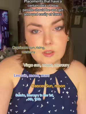 A woman with light skin and light-brown hair looks towards the camera, with the top half of her body visible. She wears a blue top. Text overlays in white appear in various positions, with the creator's face taking up most of the image.