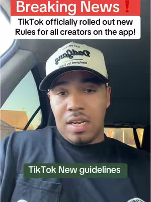 A man in a white cap with text overlay on the top and the front. The text overlay at the top reads "Breaking News!", and below that it says "TikTok officially rolled out new rules for all creators on the app!" while the lower text overlay reads "TikTok New guidelines".
