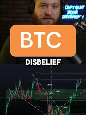 The cover image features a man in a green shirt and a headset. In front of him is a large orange rectangle with the letters "BTC" in white. Beneath the rectangle, the word "DISBELIEF" is written in white. Below that is a cryptocurrency chart.