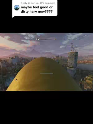 The cover image shows a first-person perspective shot from a video game, with a golden, dome-like structure in the foreground. The background features a detailed cityscape with a sunset or sunrise sky. A comment overlay appears at the top left.