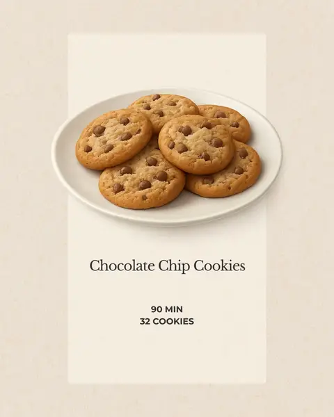A top-down shot features a white plate holding six chocolate chip cookies. The cookies are round and golden brown, generously dotted with chocolate chips. Below the plate, a text overlay reads "Chocolate Chip Cookies" followed by the text "90 MIN" and "32 COOKIES". The background is a soft, off-white color, with a light accent on the left side, providing a clean and appetizing presentation.