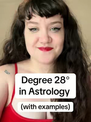 A woman with long dark hair and red lipstick is centered in the image. A white rectangle overlaid at the bottom contains the text, 'Degree 28° in Astrology (with examples)'. The background is a blurred, neutral tone.