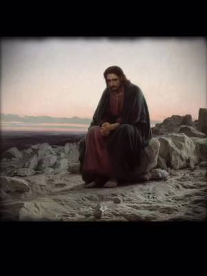 The image shows a painting of Jesus Christ sitting on a rock, head bowed in a pensive pose. He wears a dark robe over a red garment, and the background depicts a dusky sky and barren landscape.