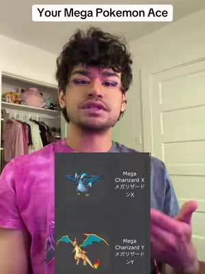 A man is in a room talking to a camera. In his hands, he's holding a dark gray card with images of Pokemon Mega Charizard X and Y, along with their names.