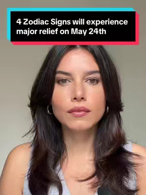 A woman with long dark hair is centered in the frame, looking at the viewer. The top half of the frame displays text in a colored bar.