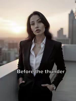 A woman in a black suit stands on a rooftop with a cityscape in the background. The sky is a gradient of orange and yellow, suggesting sunset. Text overlaid reads "Before the thunder".