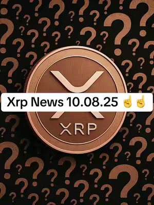 The cover image is designed with a dark background densely populated with question marks, creating a sense of anticipation or uncertainty. Overlaid on this is a large, circular emblem resembling a coin. The coin has a bronze-like color and features the XRP logo prominently in the center. Below the logo, the letters "XRP" are displayed. A white rectangular bar spans the coin, displaying, "Xrp News 10.08.25", with two champagne emojis at the end suggesting celebration. The overall composition is simple but effective, using a clear layout and contrasting colors to draw attention to the central XRP symbol and the informational headline.