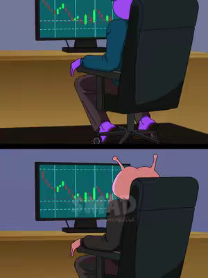 The image is a cartoon-style illustration depicting two scenarios. The top half shows a purple-skinned person sitting in front of a computer screen displaying a financial graph and a person at the screen. The lower half shows another person's upper body.