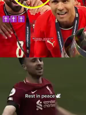 Image is a split screen. The top half shows two men in red soccer jerseys with "UEFA NATIONS LEAGUE" ribbons around their necks and holding up trophies. Text overlay includes "t t t" over crosses and "DIGO JOTA". The bottom half features a different man in a red jersey running on the grass with text "Rest in peace" and bird emoji. The overall composition combines celebratory imagery with a memorial.