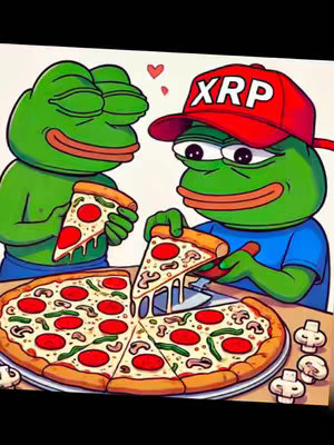 A cartoon-style image featuring two Pepe the Frog characters, one wearing an XRP hat, preparing and sharing a pizza. The pizza is cut and shared with the mushroom, pepper toppings, and the frog is eating. The colors are vibrant, with a bright background.