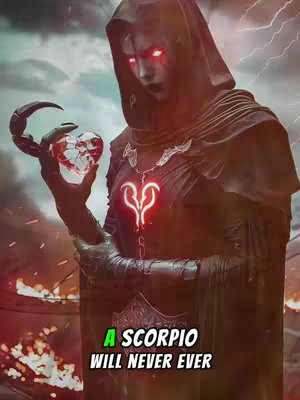 A digital artwork featuring a figure cloaked in black, holding a cracked, glowing heart. The background shows what looks like destruction, with a stormy sky and fiery elements. Text at the bottom reads 'A Scorpio Will Never Ever'.