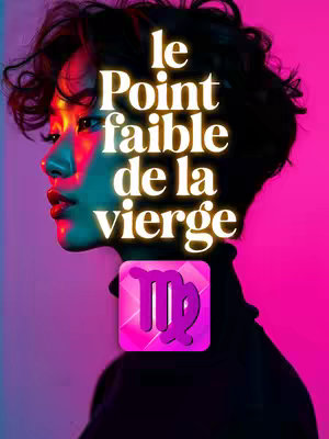 The cover image presents a side profile of a person with dark hair and a slightly obscured face, set against a vibrant backdrop of pink and purple hues. The person's skin glows with a warm light. Overlaid boldly in white text is the phrase 'le Point faible de la Vierge,' with the astrological sign for Virgo prominently displayed in a fuchsia square at the bottom. The overall composition is stylized, possibly intended to evoke a modern, digital aesthetic, with a focus on bold colours and graphic elements.