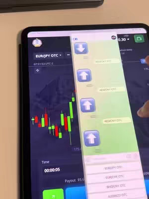 A tablet screen displaying a trading platform interface. The left side shows a candlestick chart with green and red bars, indicating price fluctuations, and other financial information. The right side features a messenger-style chat, displaying trading signals which are a series of arrows. The overall composition uses a dark color scheme.