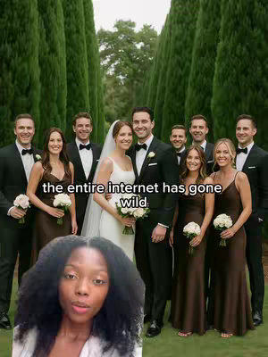 The cover image shows a wedding party with a bride and groom at the center. The bride is wearing a white gown and veil and holding a bouquet, while the groom and groomsmen are in black tuxedos. The bridesmaids are wearing dark-colored dresses. In the foreground, a woman is visible, presumably the creator, along with the hook text over the wedding party saying, "the entire internet has gone wild."