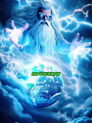 An image of a celestial-themed scene. In the foreground, there's a figure of a bearded, elderly man with glowing blue eyes, a white beard, and long white hair. He appears to be Zeus, or a representation of a god, extending his hands in a gesture of power. Lightning bolts emanate from his hands and surround him. Below him, there's a depiction of the Earth, partially obscured by clouds and lightning energy. The background features a cloudy sky filled with more flashes of lightning. Overlayed in a green font is the text "DID YOU KNOW."