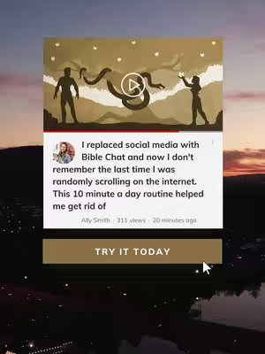 The cover image features a stylized biblical scene overlaid on a sunset background. A central play button and text box with the video title is superimposed. The overall composition is digitally rendered.